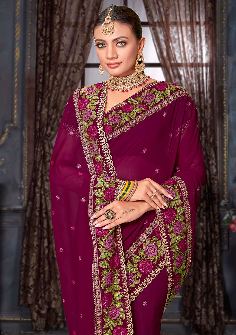 Wine Embroidery Work Georgette Saree Set - Indya