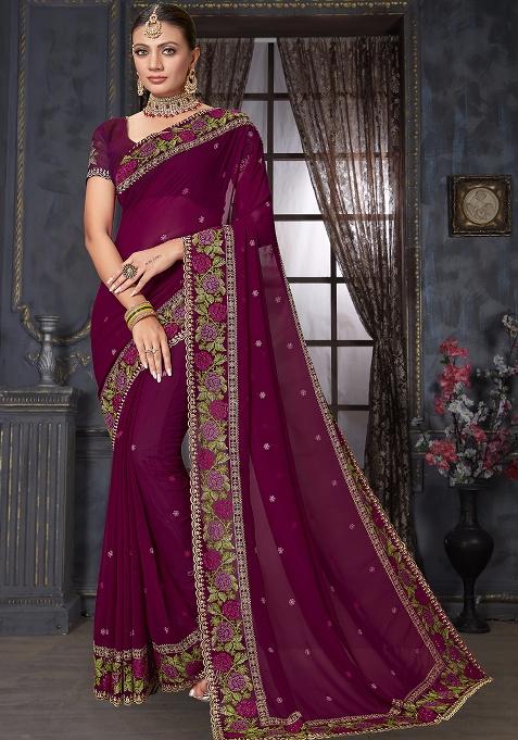 Wine Embroidery Work Georgette Saree Set