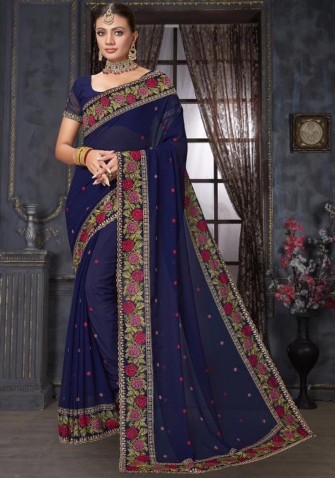 Navy Embroidery Work Georgette Saree Set