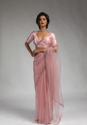 Pink Embroidery Work Net Saree Set