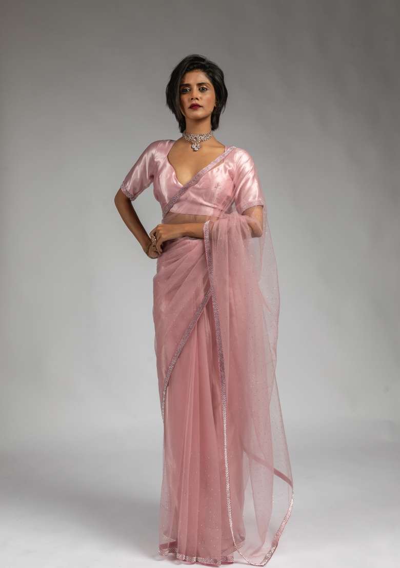 Pink Embroidery Work Net Saree Set - Indya