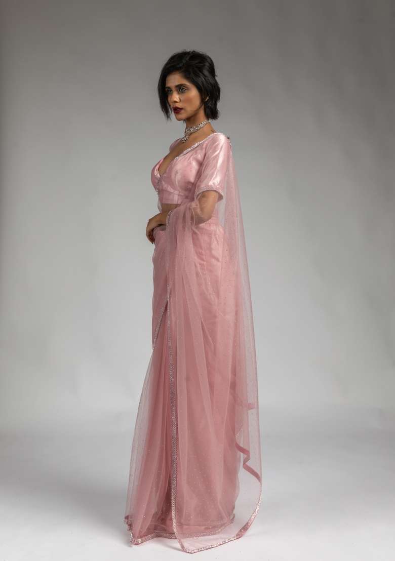 Pink Embroidery Work Net Saree Set - Indya