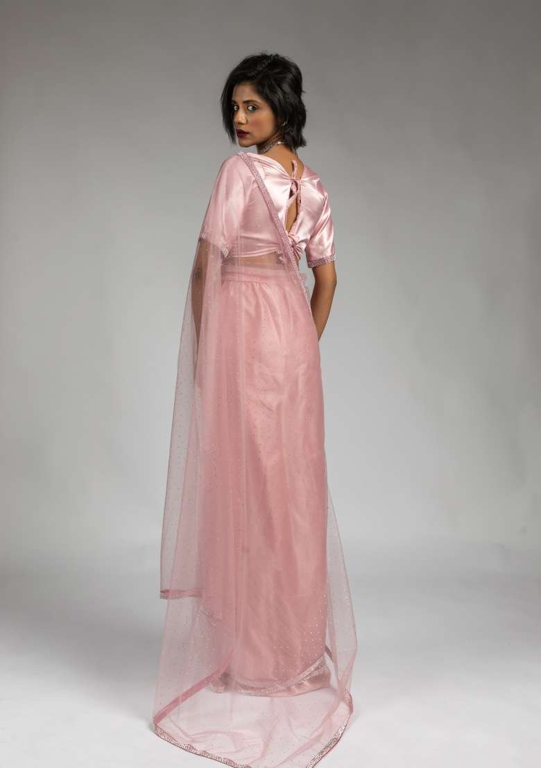 Pink Embroidery Work Net Saree Set - Indya