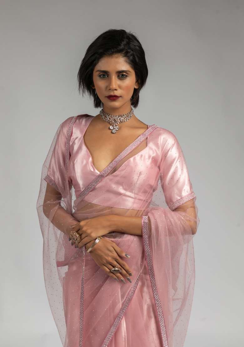Pink Embroidery Work Net Saree Set - Indya