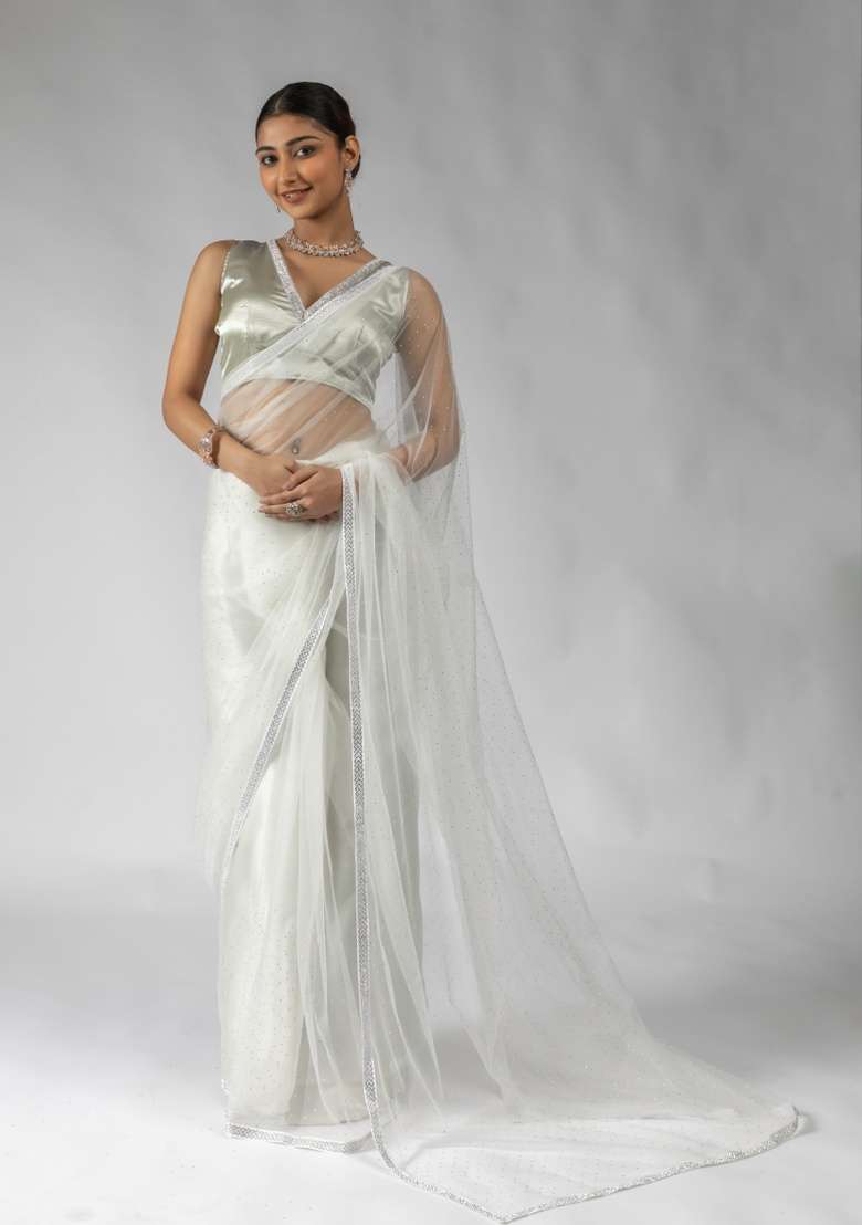 White Embroidery Work Net Saree Set - Indya