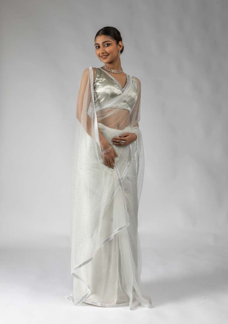 White Embroidery Work Net Saree Set - Indya