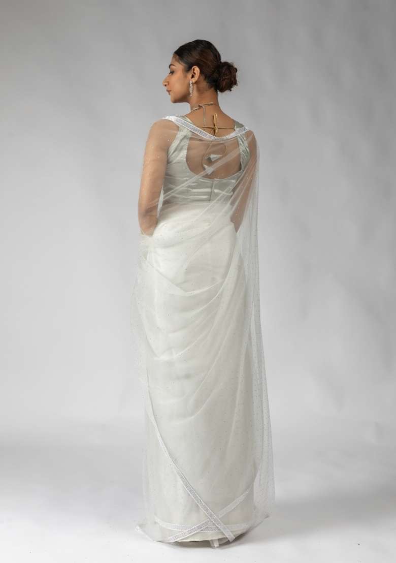 White Embroidery Work Net Saree Set - Indya