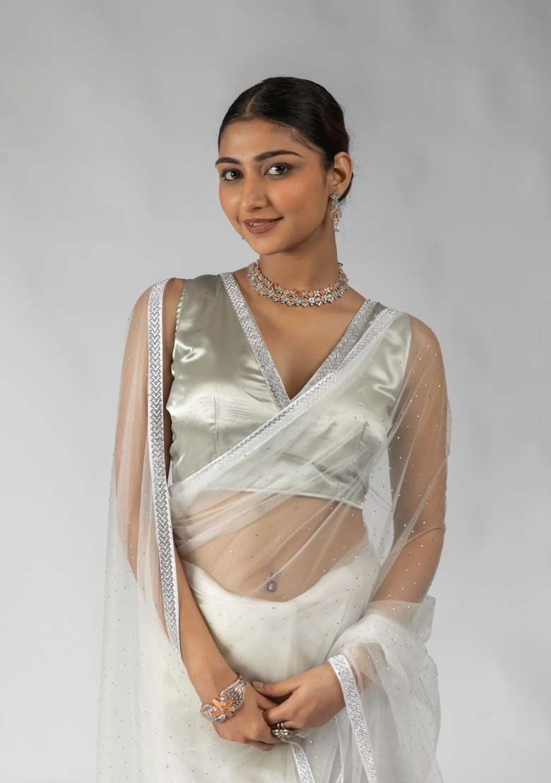 White Embroidery Work Net Saree Set - Indya