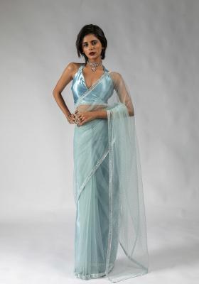 Blue Embroidery Work Net Saree Set