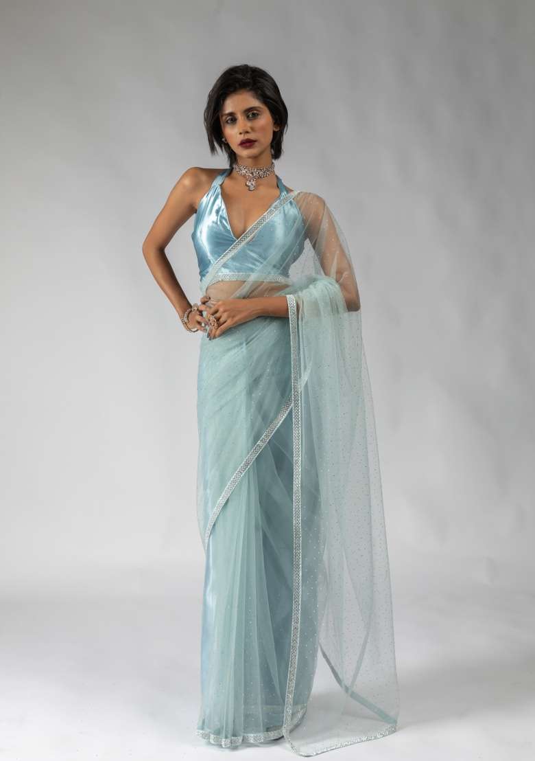 Blue Embroidery Work Net Saree Set - Indya