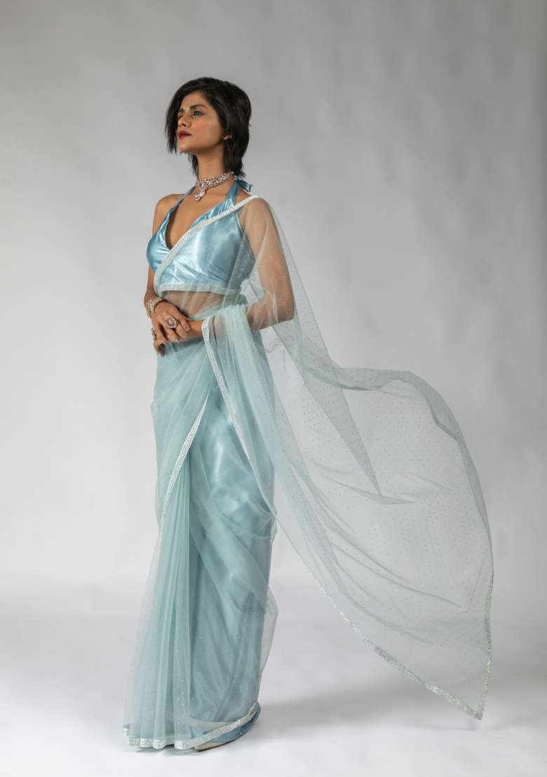 Blue Embroidery Work Net Saree Set - Indya
