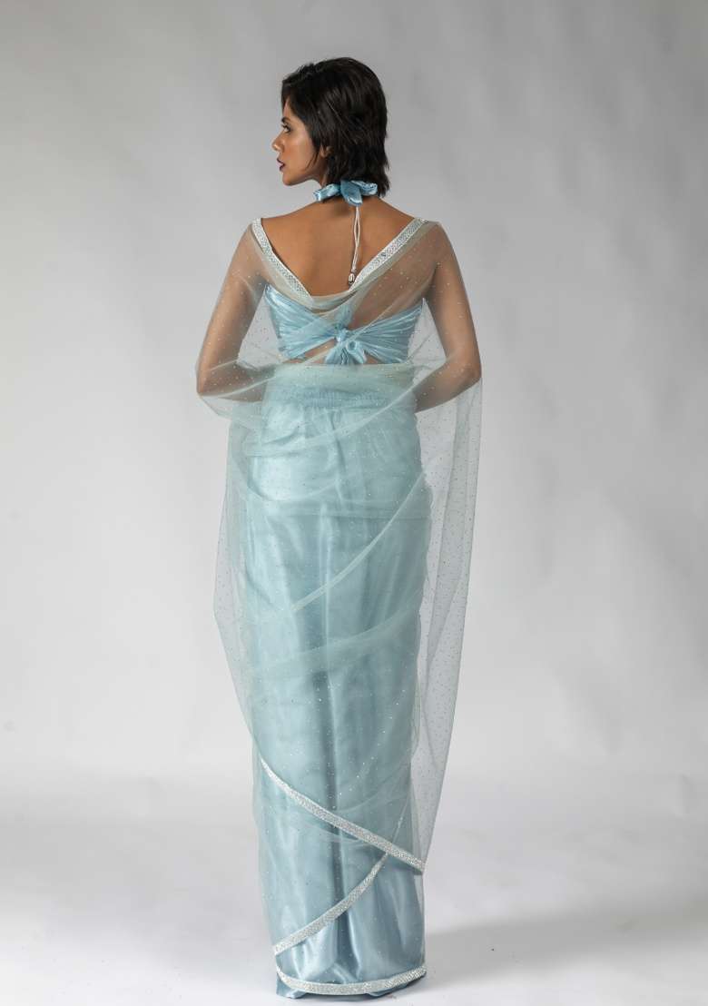 Blue Embroidery Work Net Saree Set - Indya