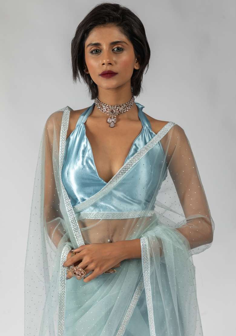 Blue Embroidery Work Net Saree Set - Indya