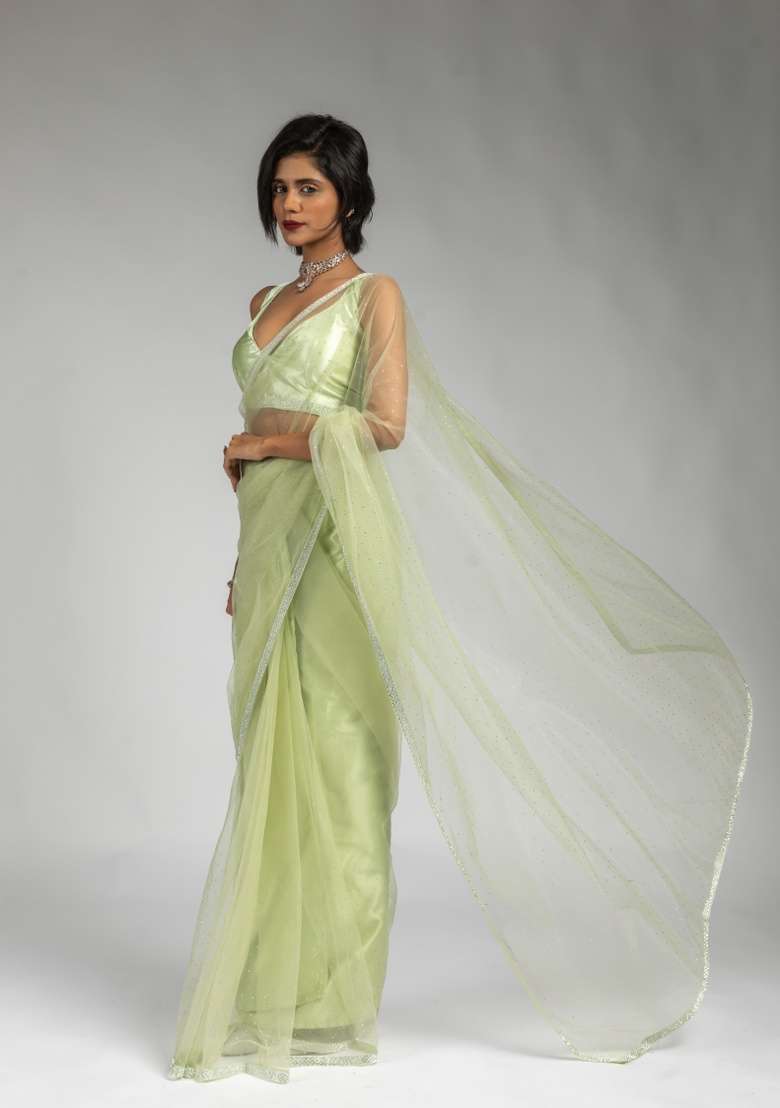 Pista Embroidery Work Net Saree Set - Indya