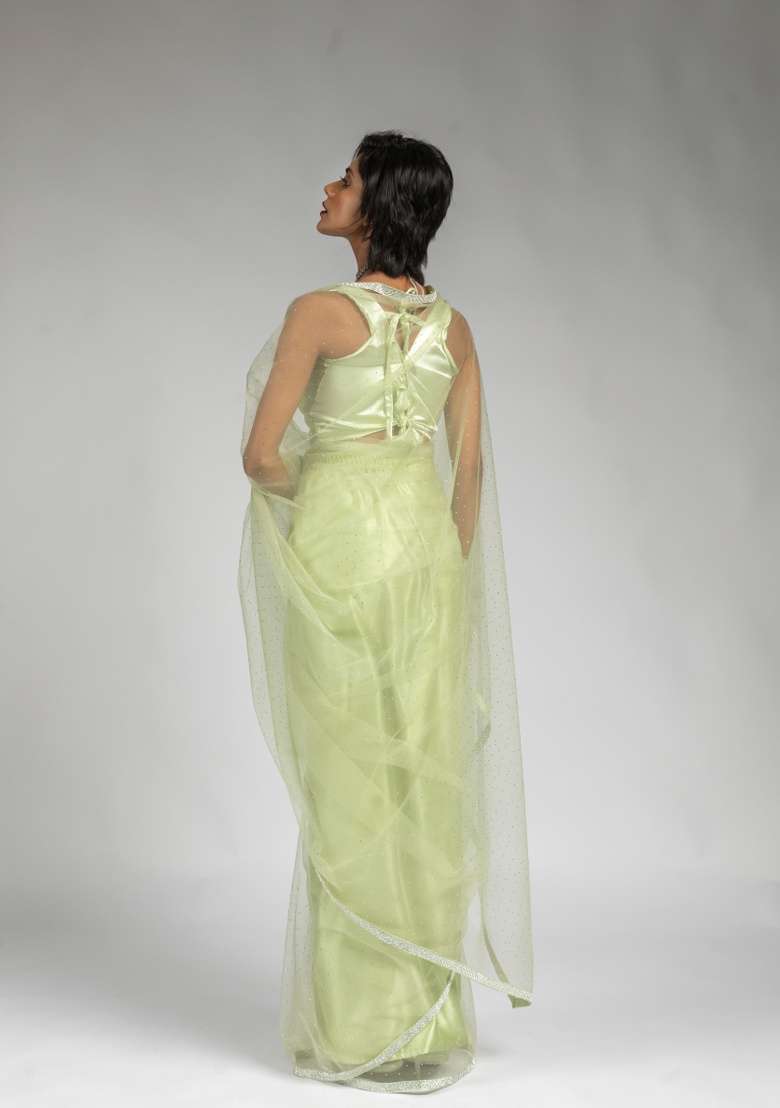 Pista Embroidery Work Net Saree Set - Indya