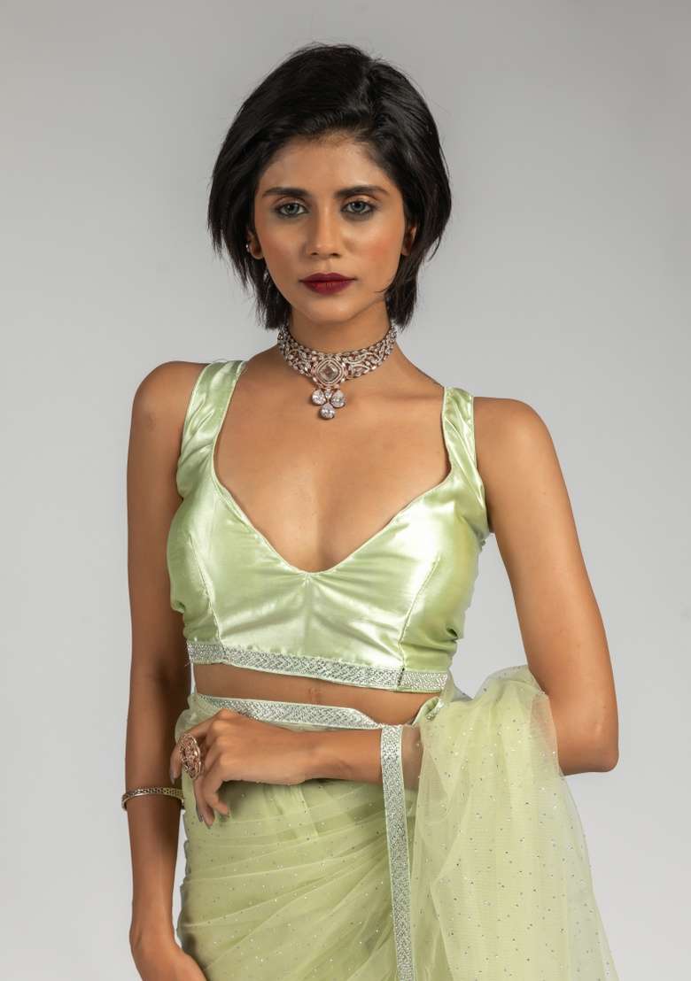 Pista Embroidery Work Net Saree Set - Indya
