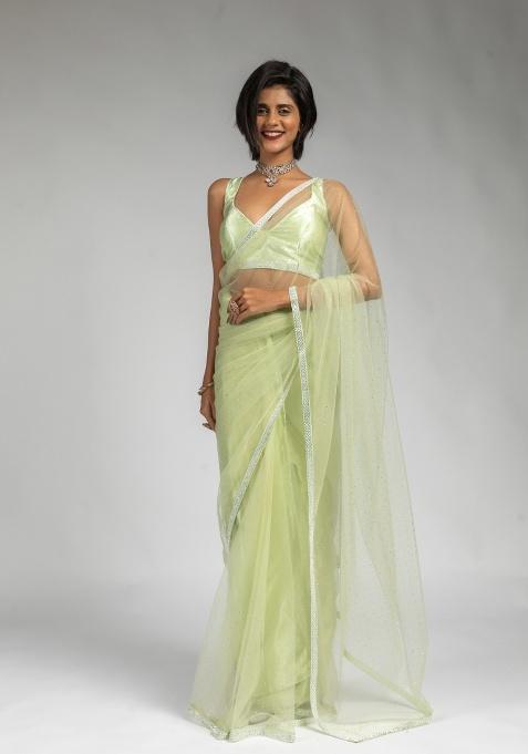 Pista Embroidery Work Net Saree Set