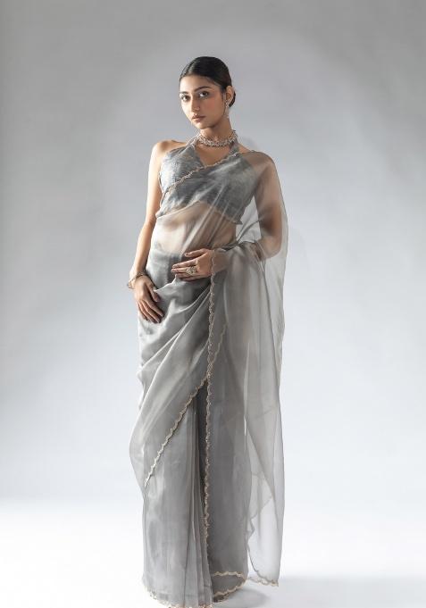 Grey Embroidery Work Silk Saree Set