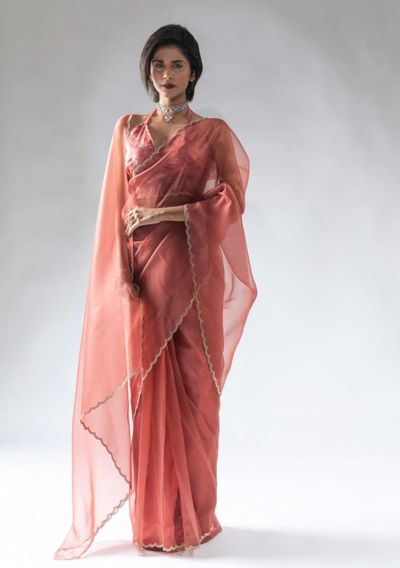 Peach Embroidery Work Silk Saree Set - Indya
