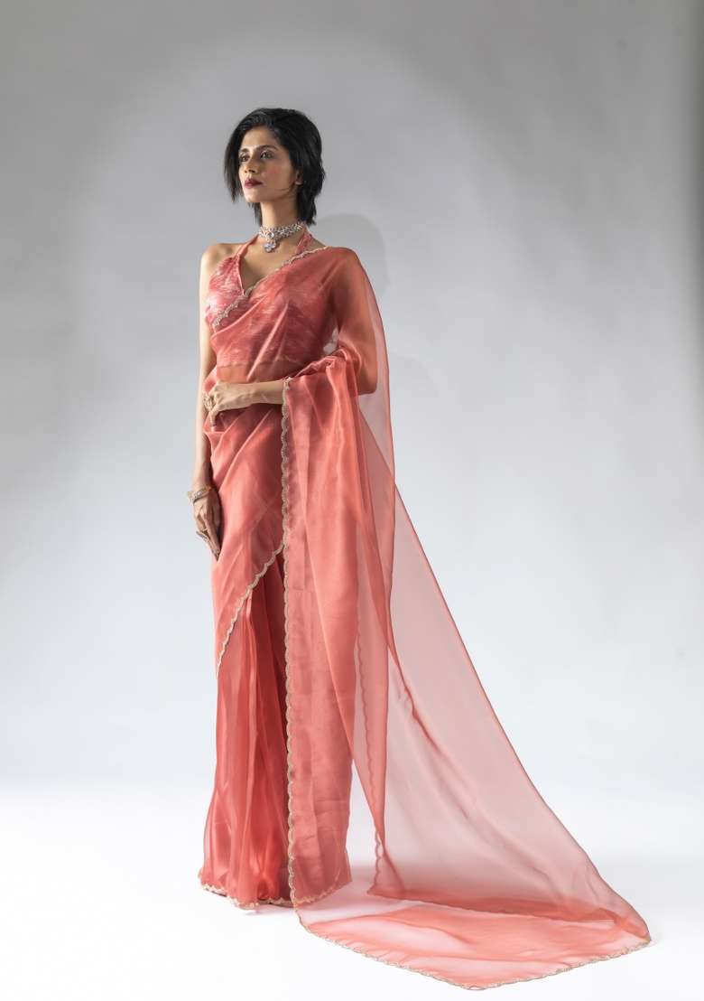 Peach Embroidery Work Silk Saree Set - Indya