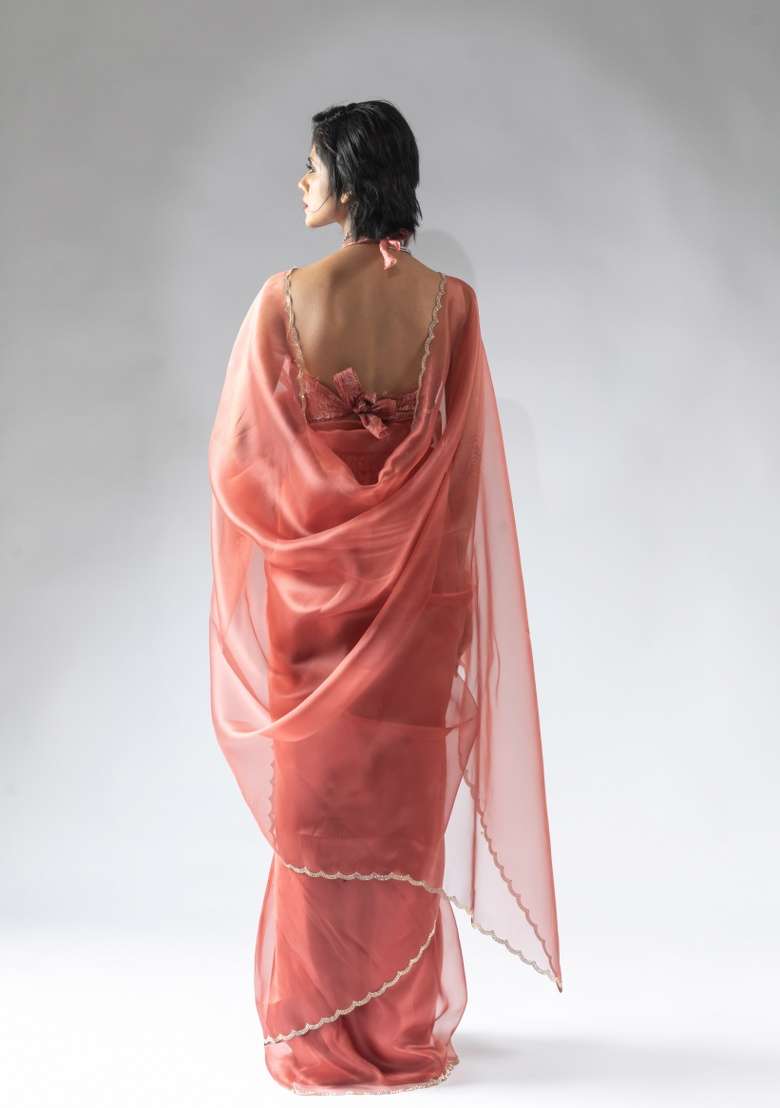 Peach Embroidery Work Silk Saree Set - Indya