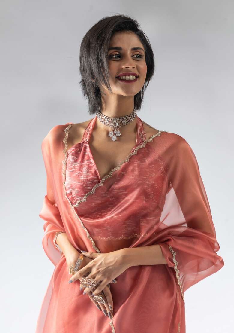 Peach Embroidery Work Silk Saree Set - Indya