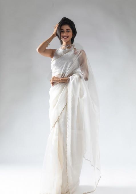 White Embroidery Work Silk Saree Set