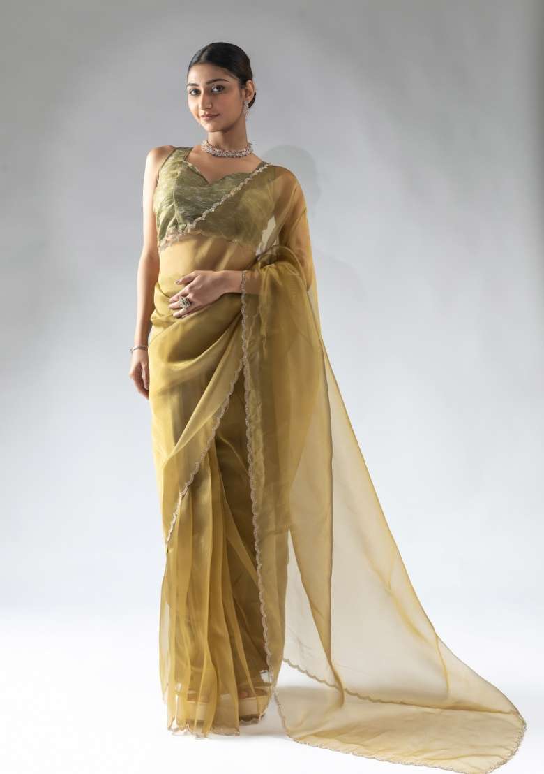 Mustard Embroidery Work Silk Saree Set - Indya