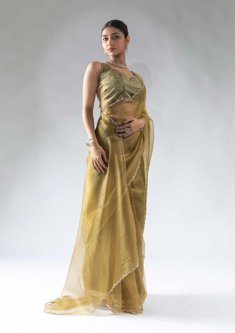 Mustard Embroidery Work Silk Saree Set - Indya