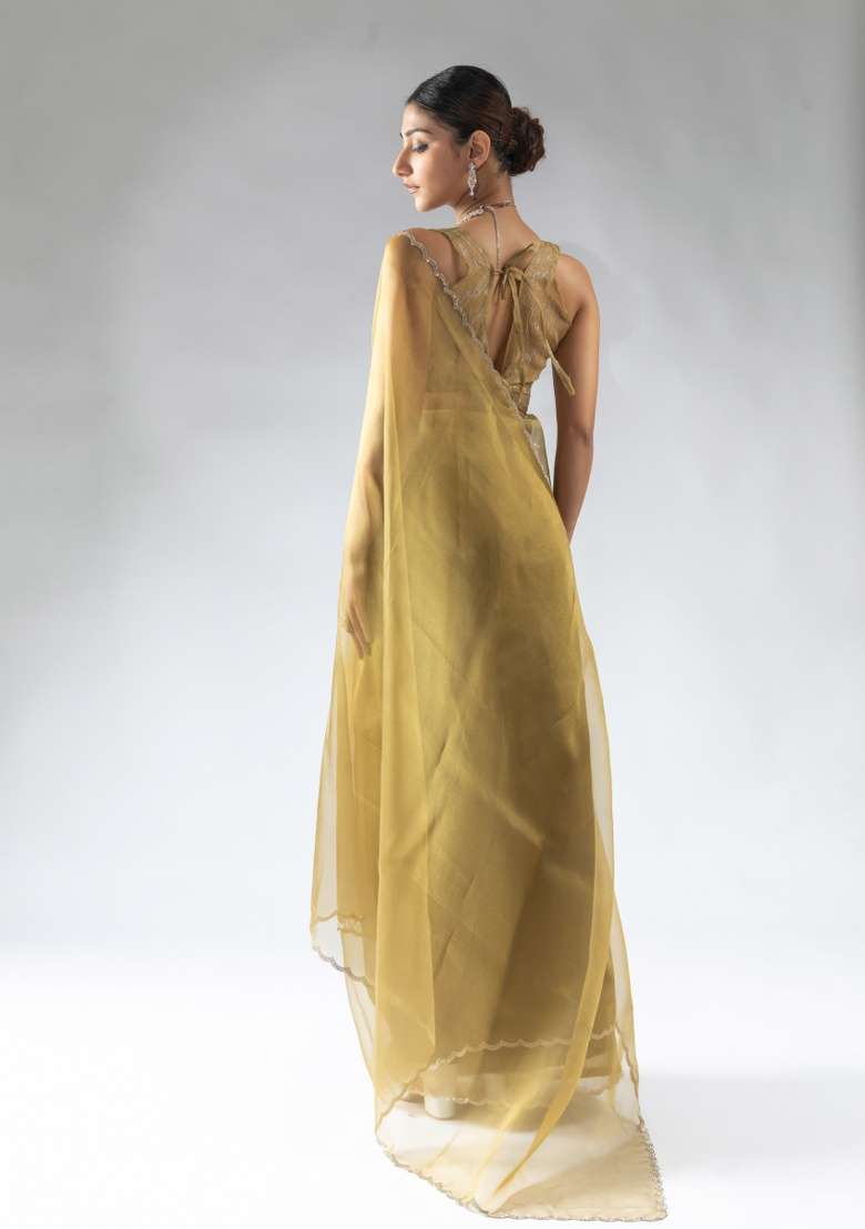Mustard Embroidery Work Silk Saree Set - Indya