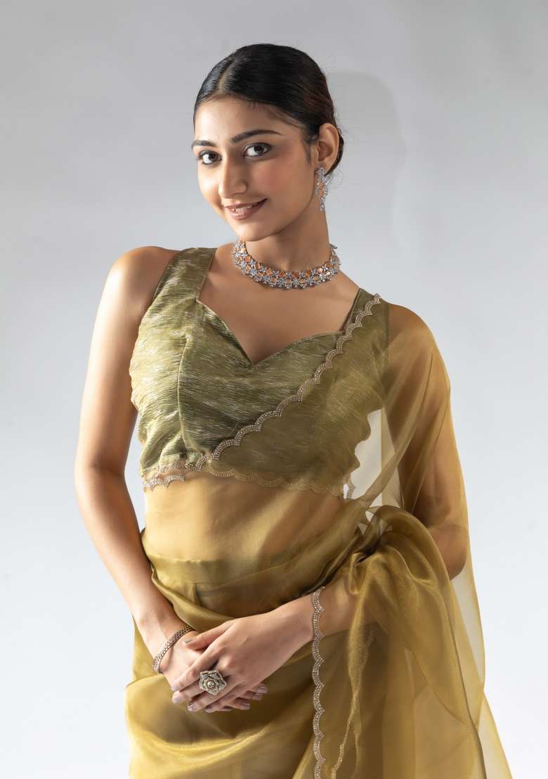 Mustard Embroidery Work Silk Saree Set - Indya