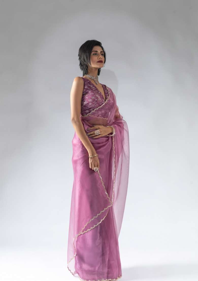 Dusty Pink Embroidery Work Silk Saree Set - Indya