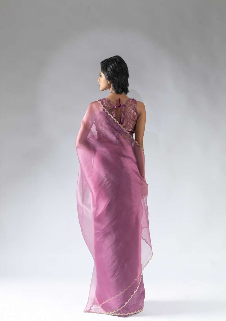 Dusty Pink Embroidery Work Silk Saree Set - Indya