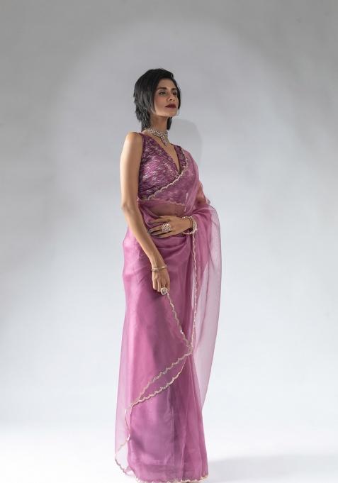 Dusty Pink Embroidery Work Silk Saree Set