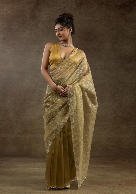 Mustard Embroidery Work Tissue Saree Set