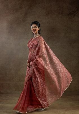 Peach Embroidery Work Tissue Saree Set