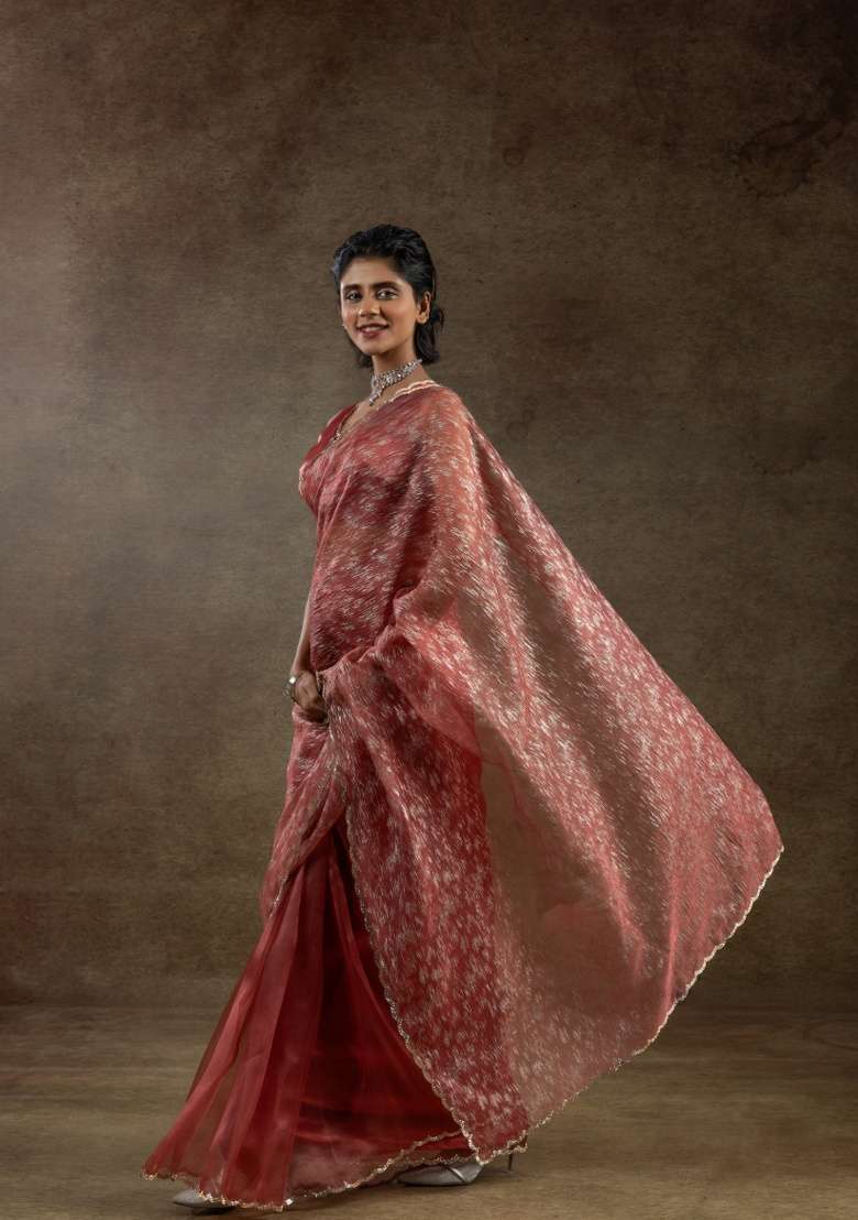 Peach Embroidery Work Tissue Saree Set for Diwali and Festive Wear - Indya