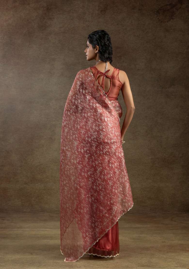 Peach Embroidery Work Tissue Saree Set for Diwali and Festive Wear - Indya