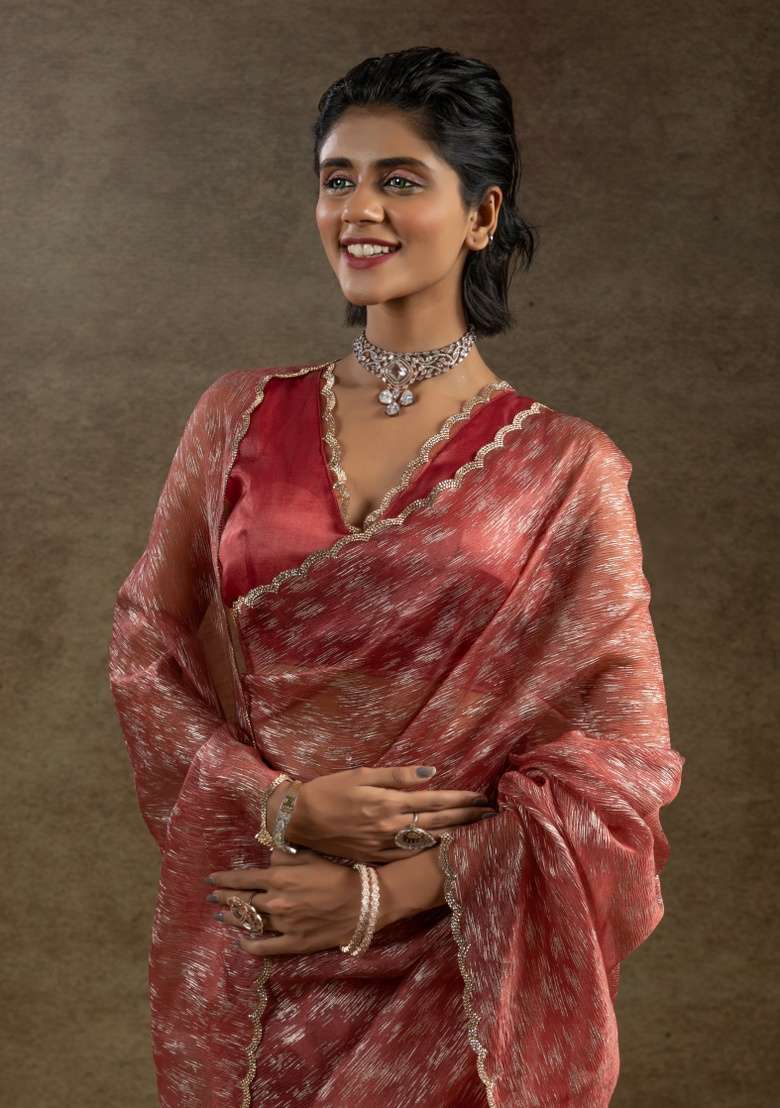Peach Embroidery Work Tissue Saree Set for Diwali and Festive Wear - Indya