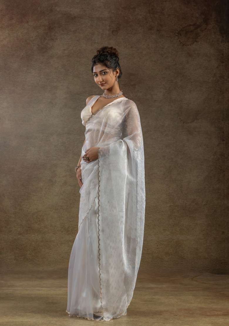 White Work Tissue Saree Set with Embroidery for Diwali | Wedding & Festive Wear - Indya