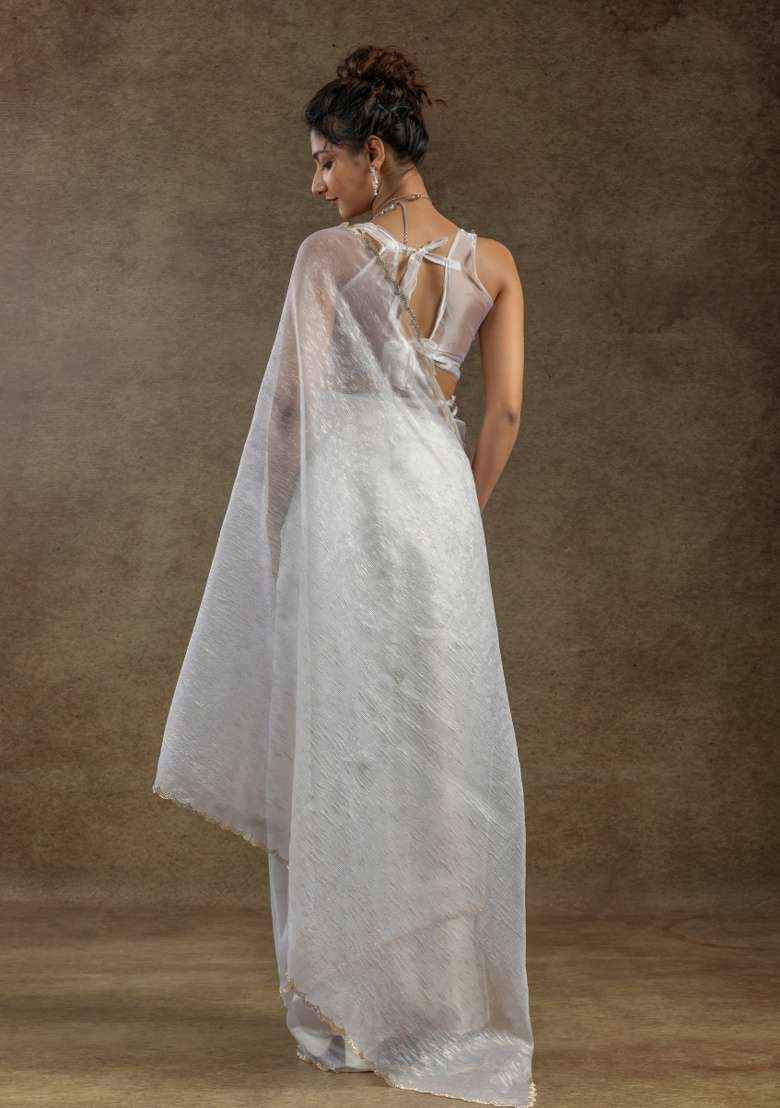 White Work Tissue Saree Set with Embroidery for Diwali | Wedding & Festive Wear - Indya