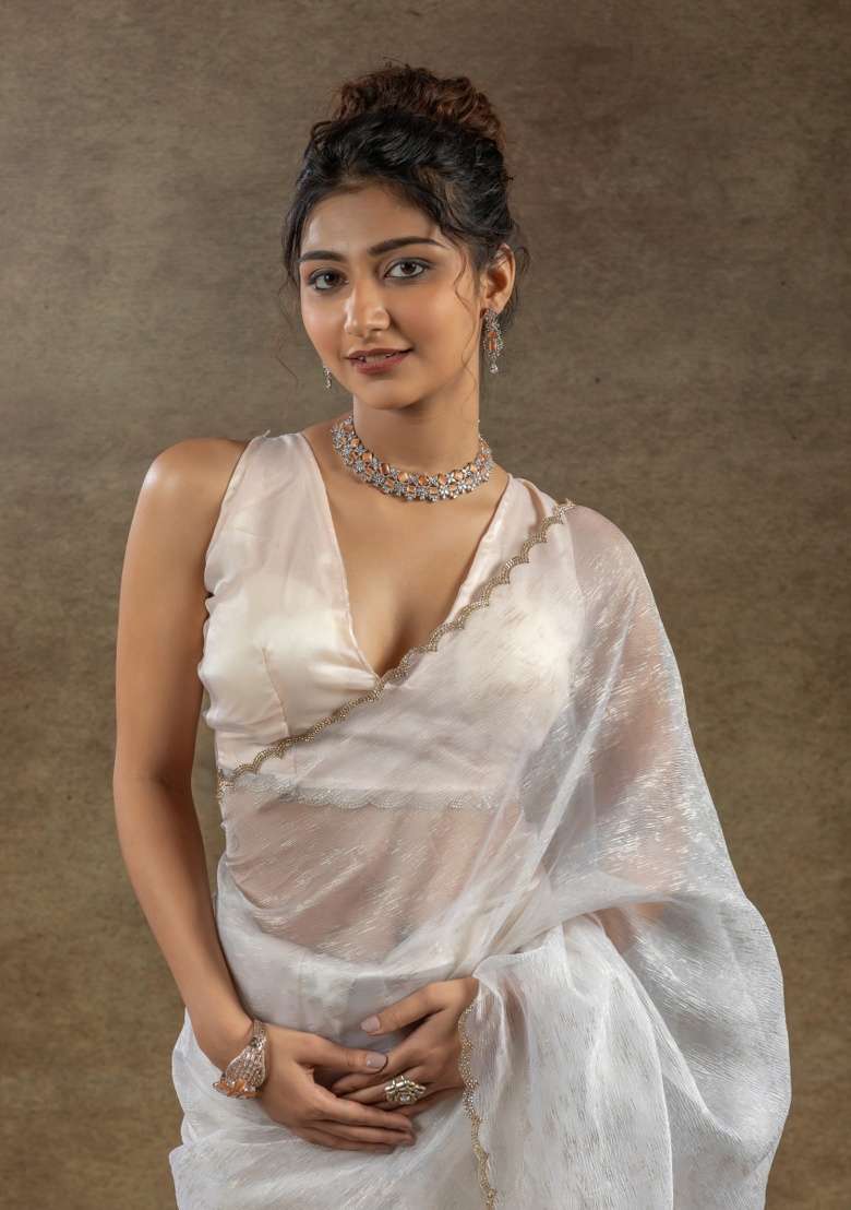 White Work Tissue Saree Set with Embroidery for Diwali | Wedding & Festive Wear - Indya