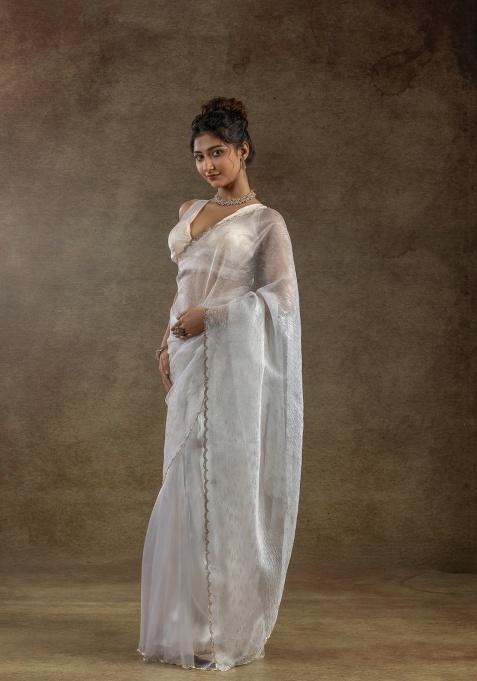 White Embroidery Work Tissue Saree Set