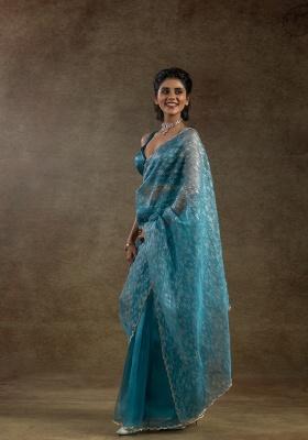Blue Embroidery Work Tissue Saree Set