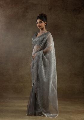Grey Embroidery Work Tissue Saree Set