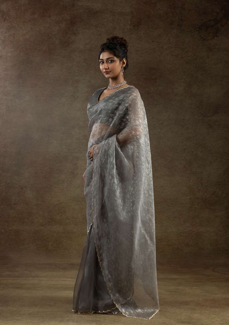 Grey Embroidery Work Tissue Saree Set for Diwali and Festive Wear - Indya