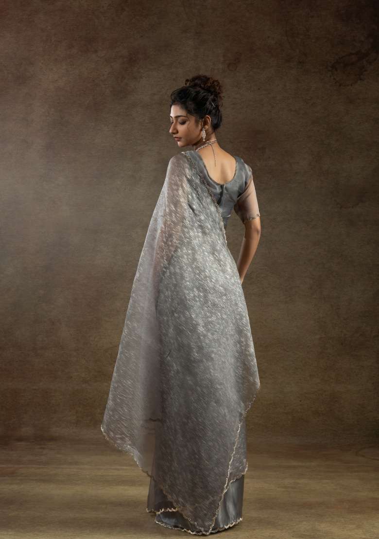 Grey Embroidery Work Tissue Saree Set for Diwali and Festive Wear - Indya