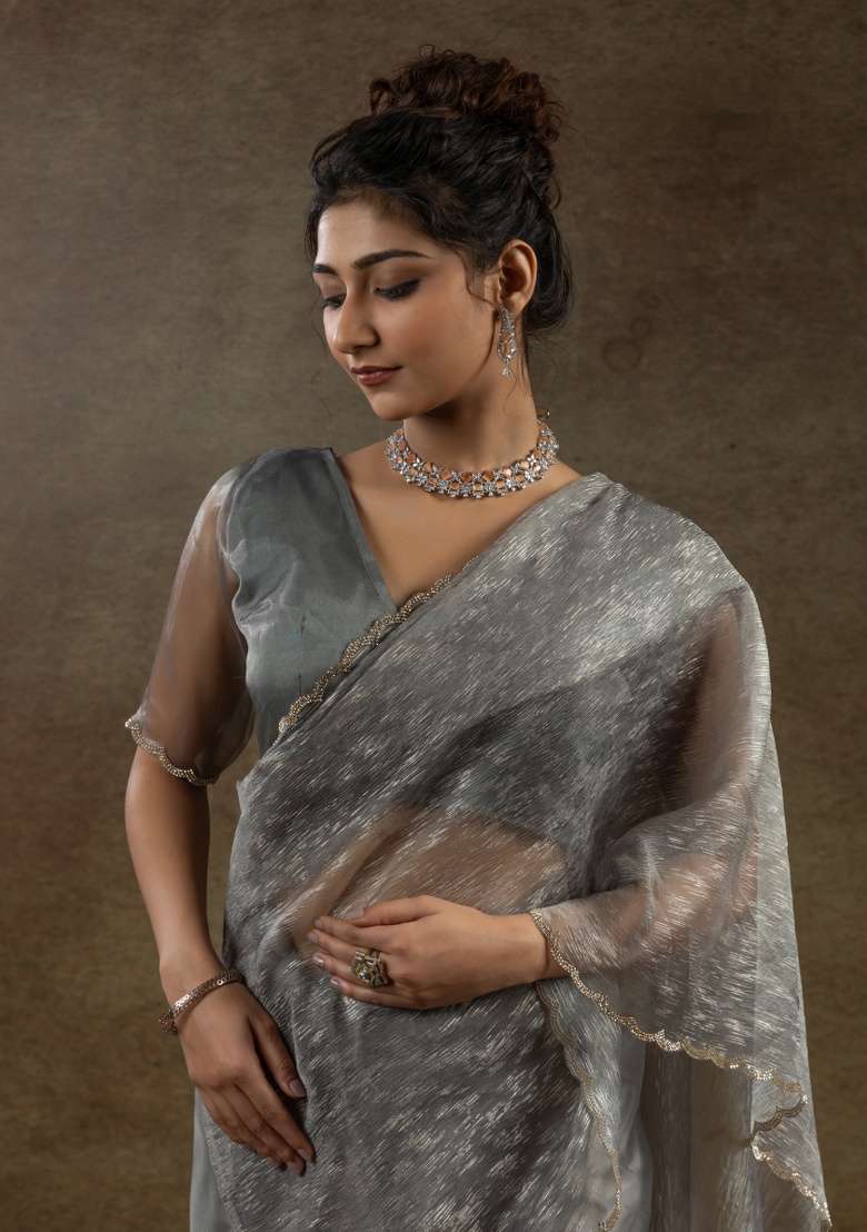 Grey Embroidery Work Tissue Saree Set for Diwali and Festive Wear - Indya