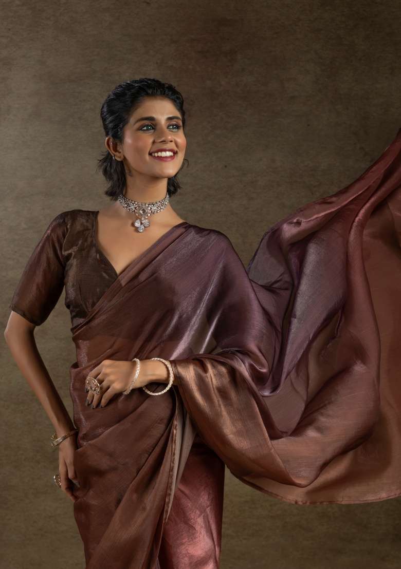 Gold Embroidery Work Silk Blend Saree Set - Indya