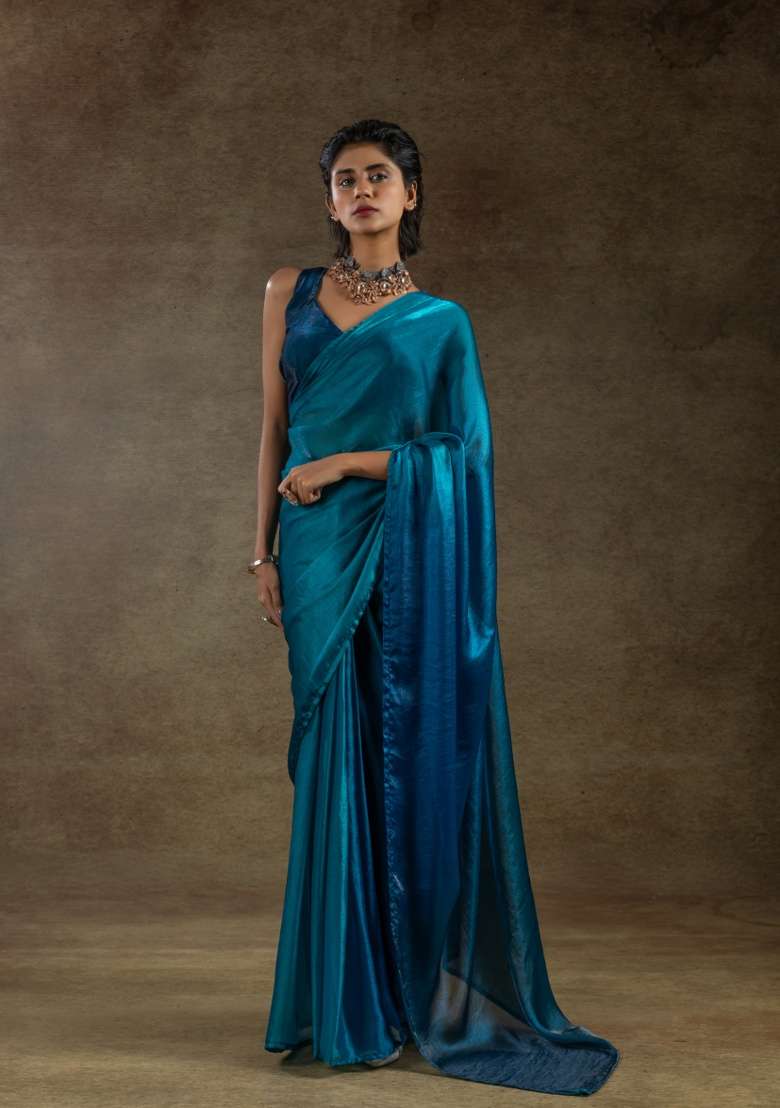 Rama Embroidery Work Silk Saree Set - Indya